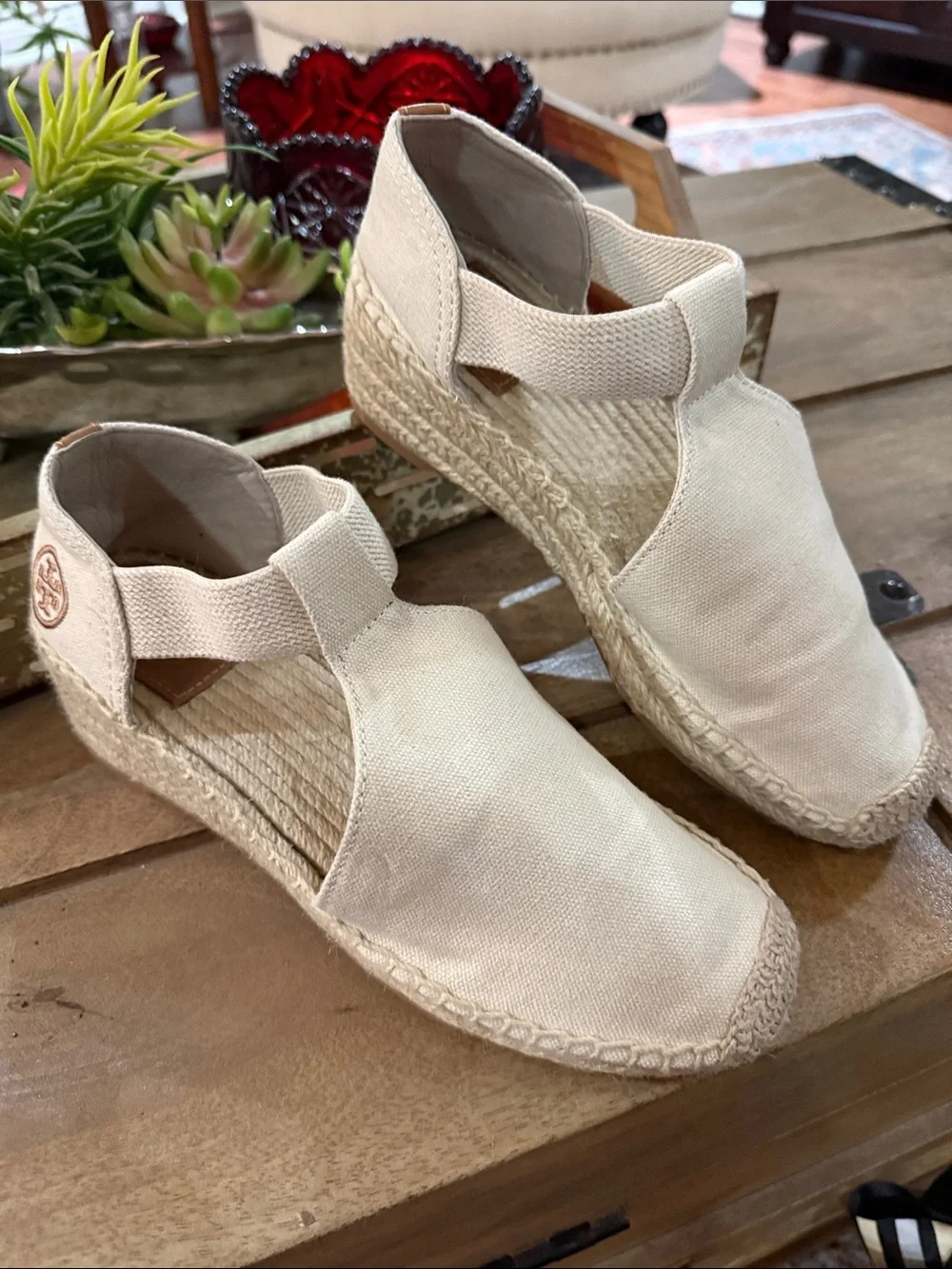 Tory Burch Cream Canvas Espadrille Wedge Sandals